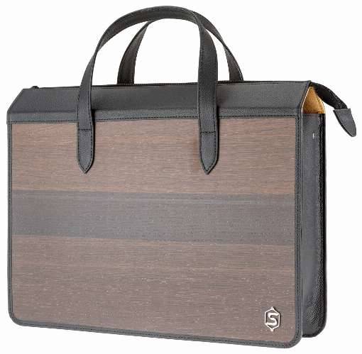 Bild 1: Diese exklusive Laptop-Tasche aus einem Mix von feinstem Furnier und Leder verleiht dem Auftreten Professionalitt. Foto: Sebastian Sturm GmbH & Co. KG